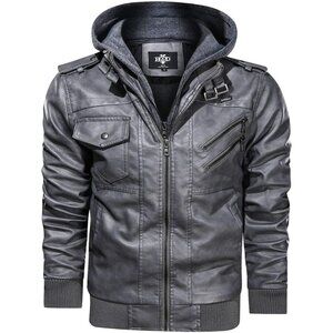 🆕Men’s Grey Stand Collar PU Faux Leather Bomber Jacket With a Removable Hood